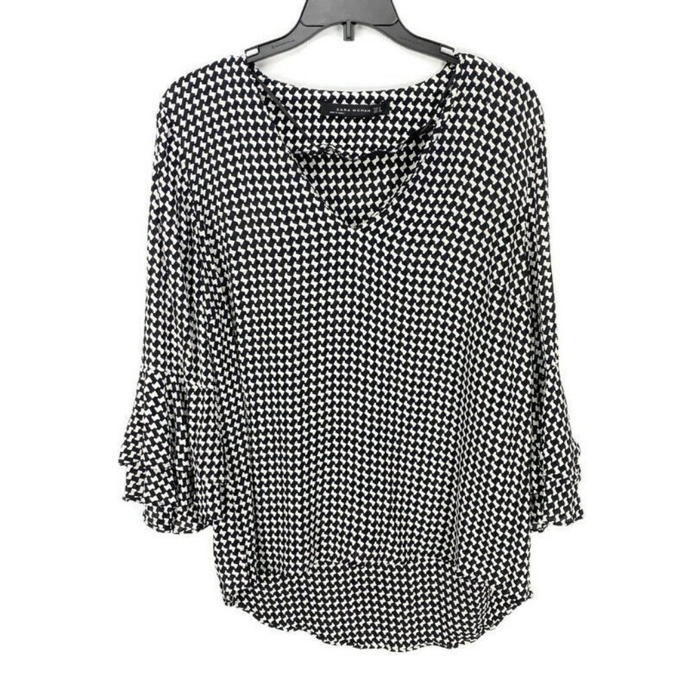 Zara Black White Printed Bell Sleeve Top